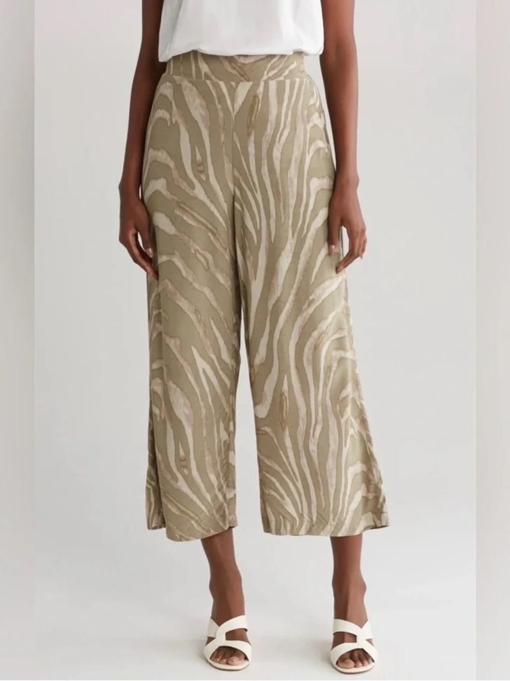 Tahari Wide Leg Culotte Pants Size XL Tan Zebra Animal Print